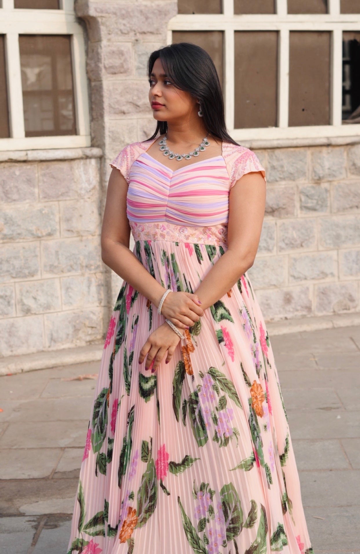 Peach Ruched yoke Dress