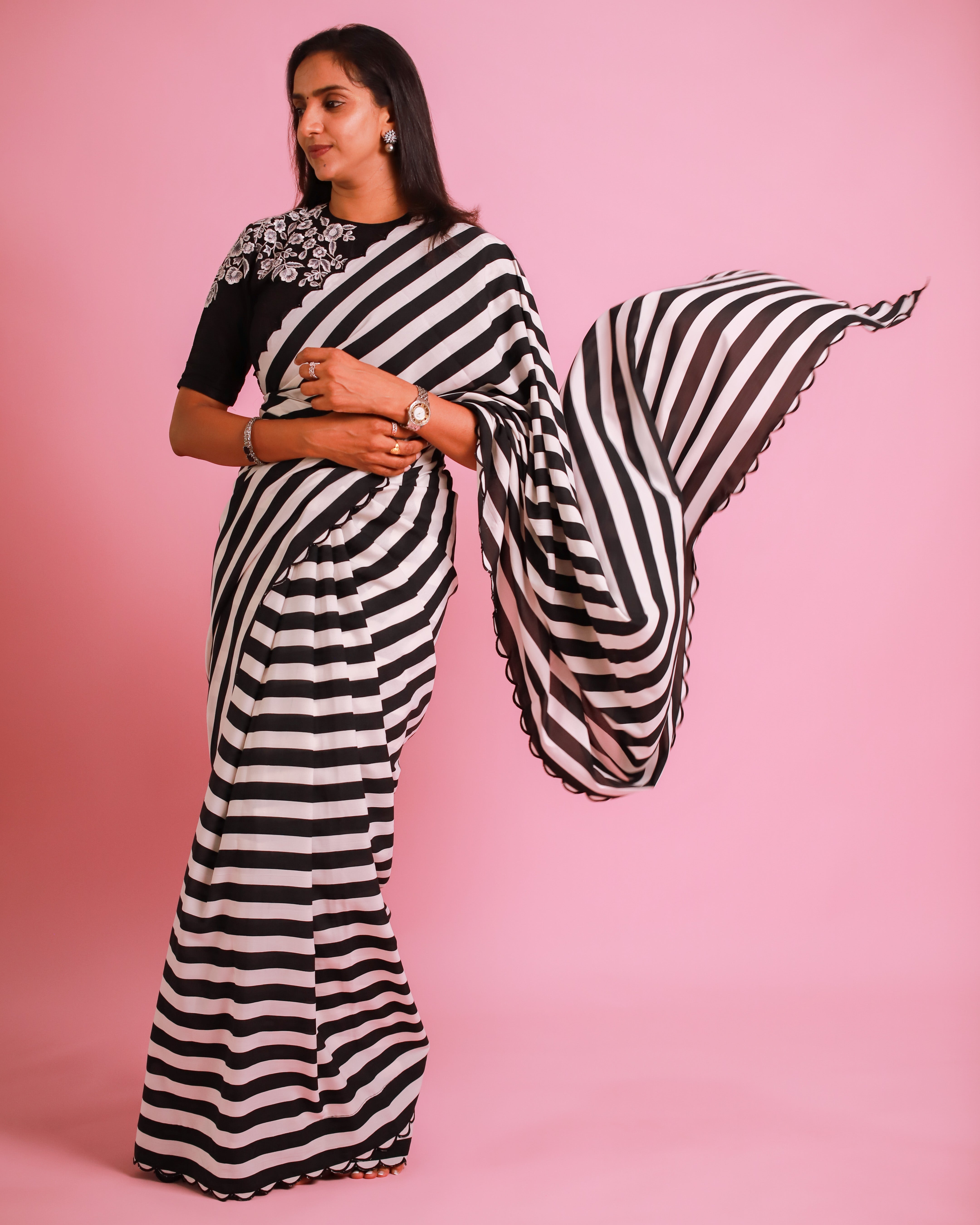 Black & White Stripes Saree With Black Blouse