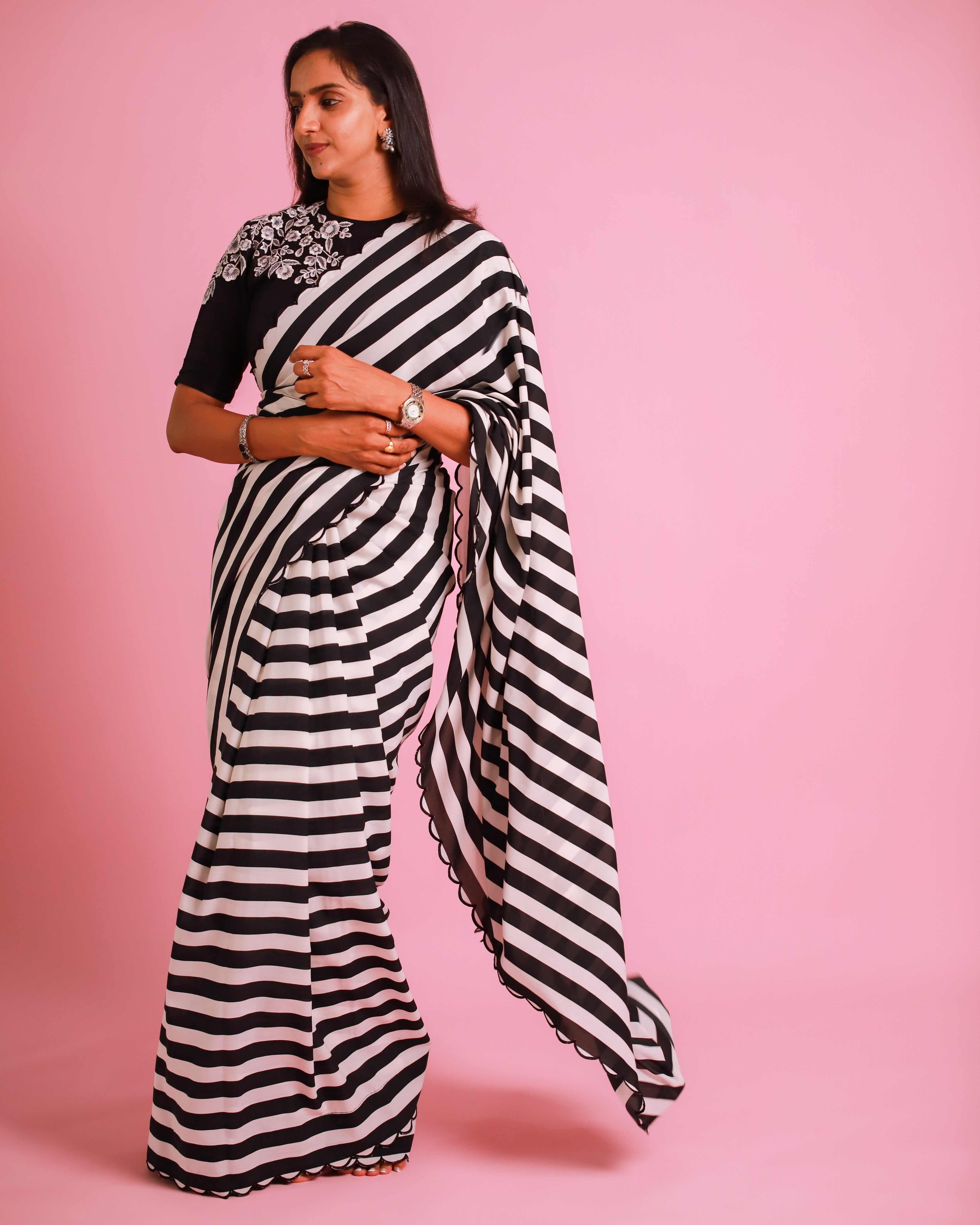 Black & White Stripes Saree With Black Blouse
