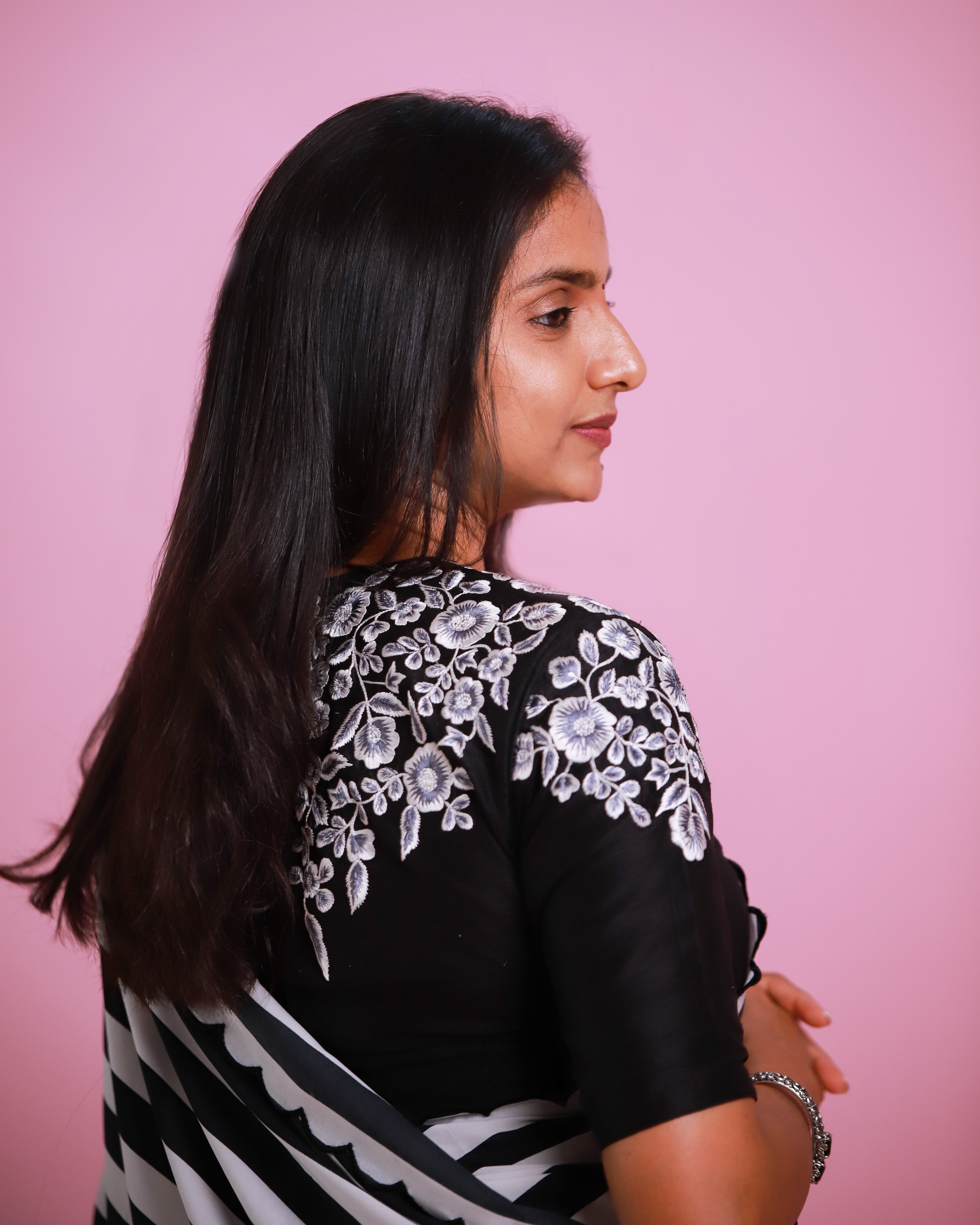 Black & White Stripes Saree With Black Blouse