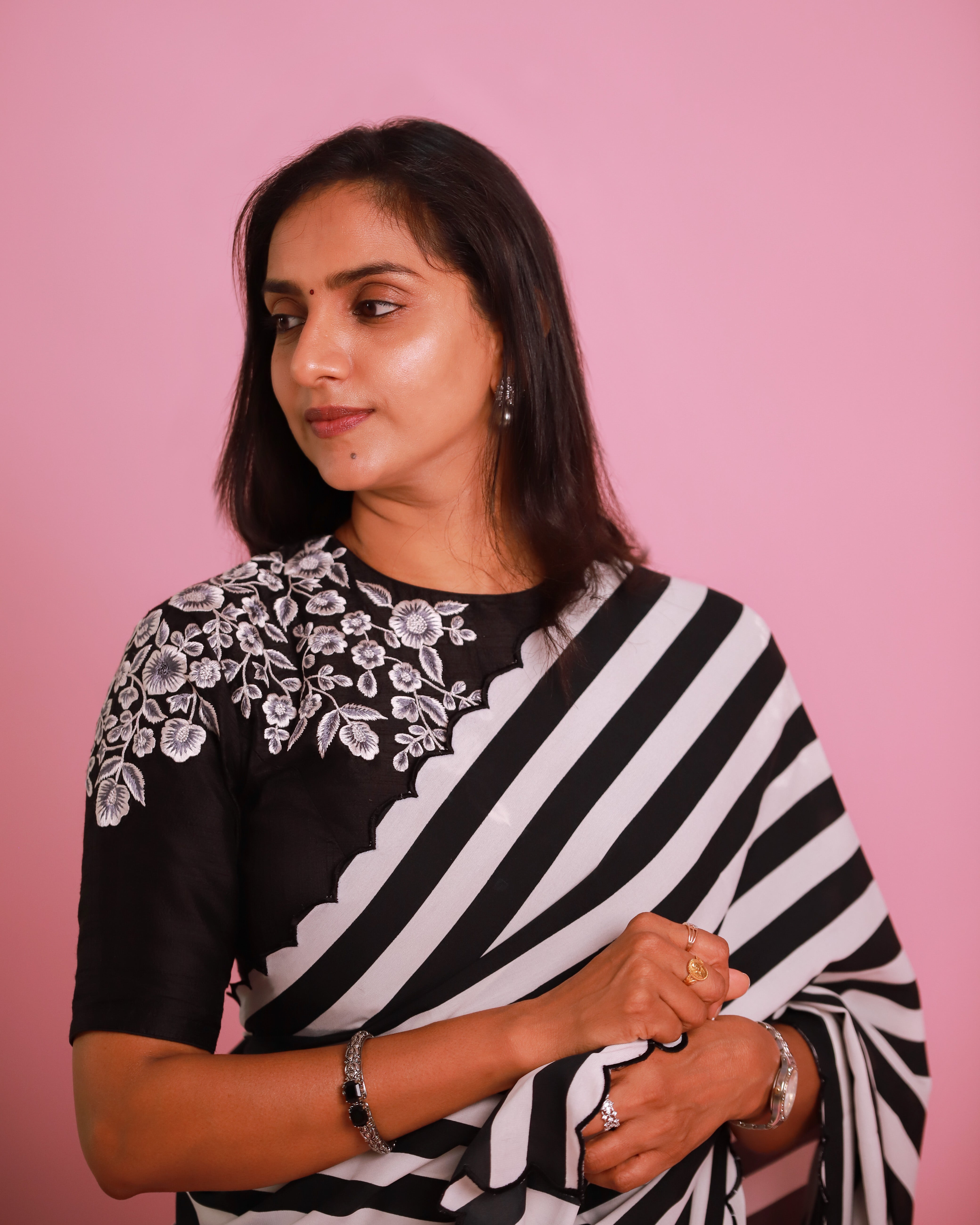 Black & White Stripes Saree With Black Blouse