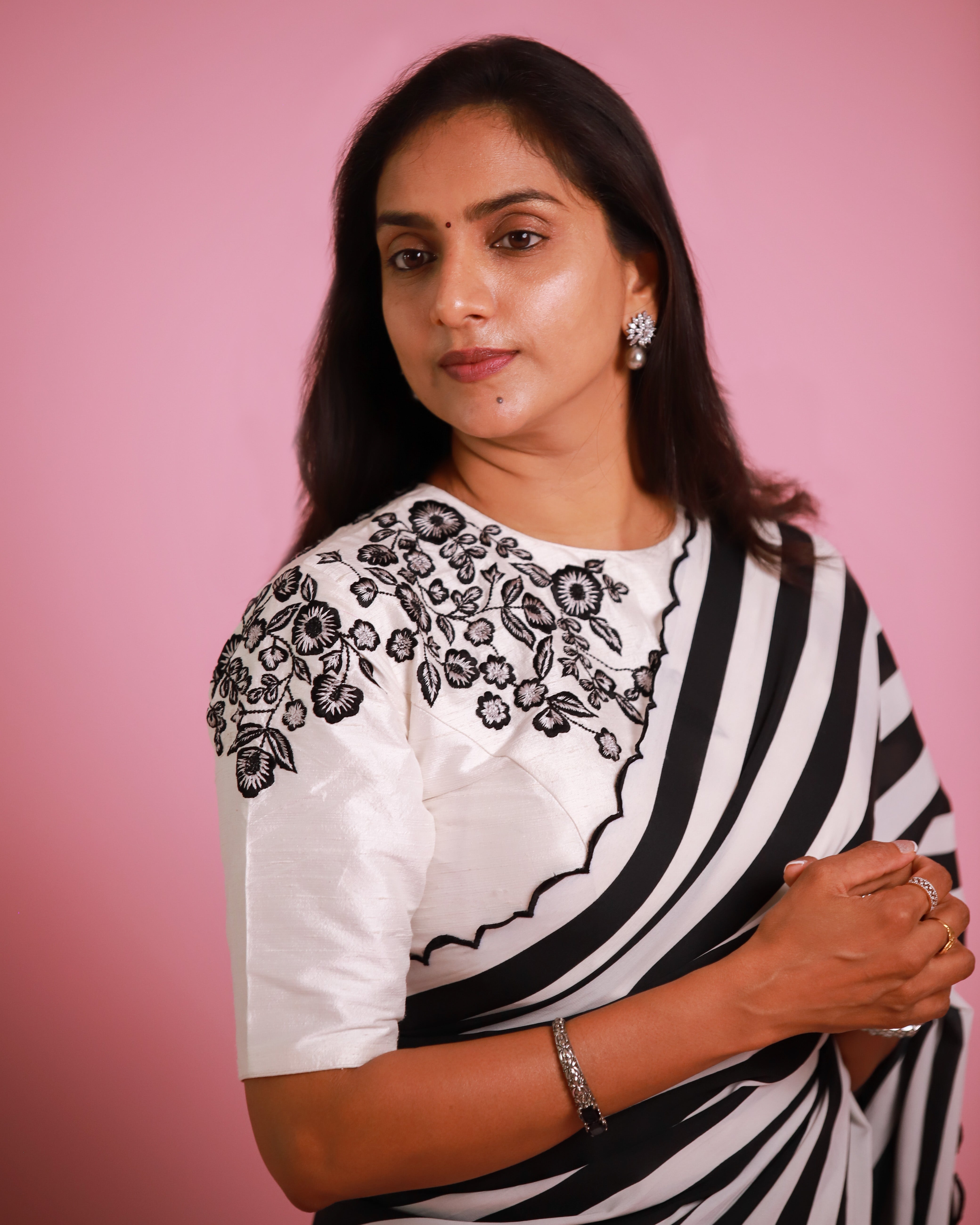 Black & White stripes Saree with White Blouse