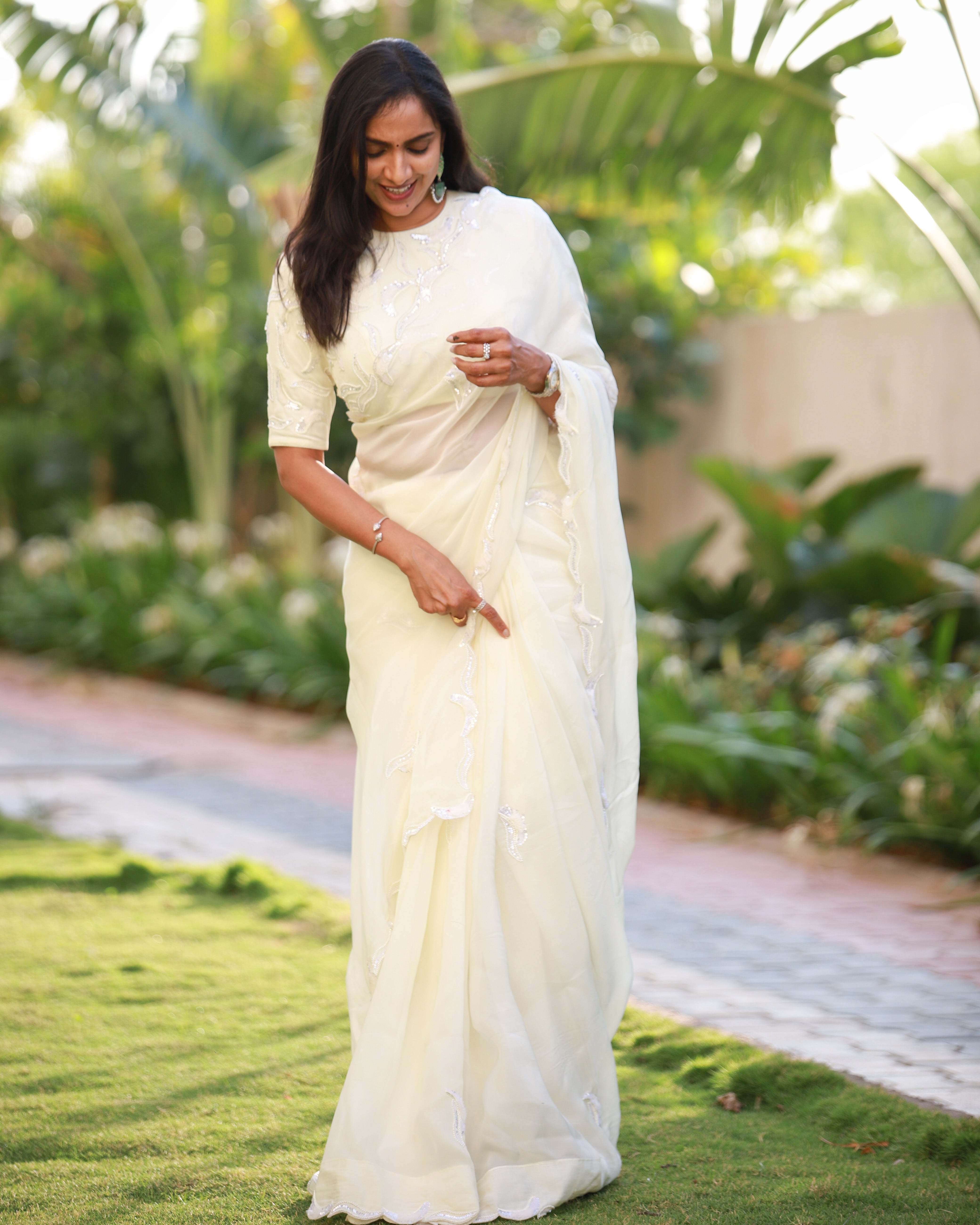 Offwhite Pure Falling Organza saree with Blouse