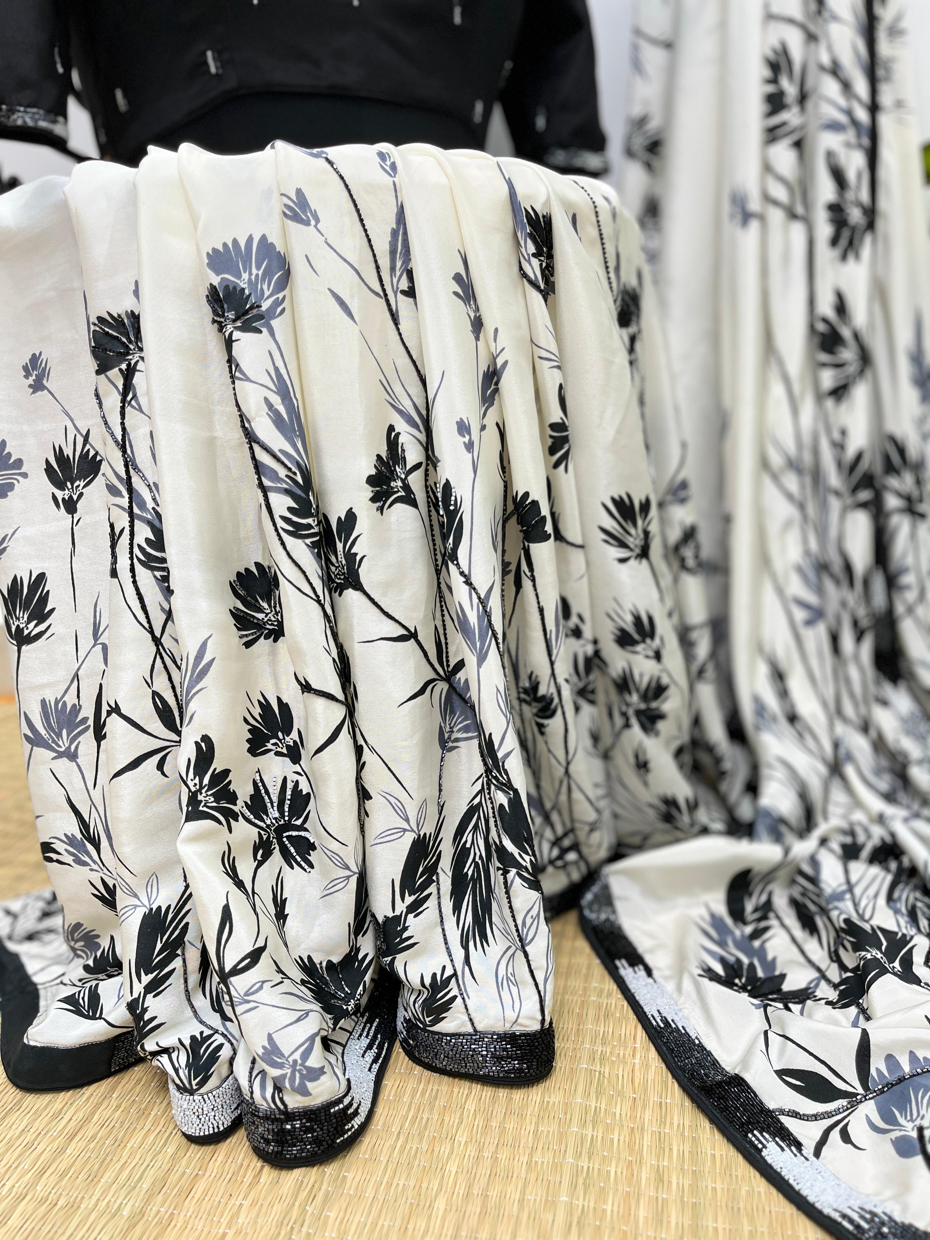 Black and White Pure Crepe saree with Blouse