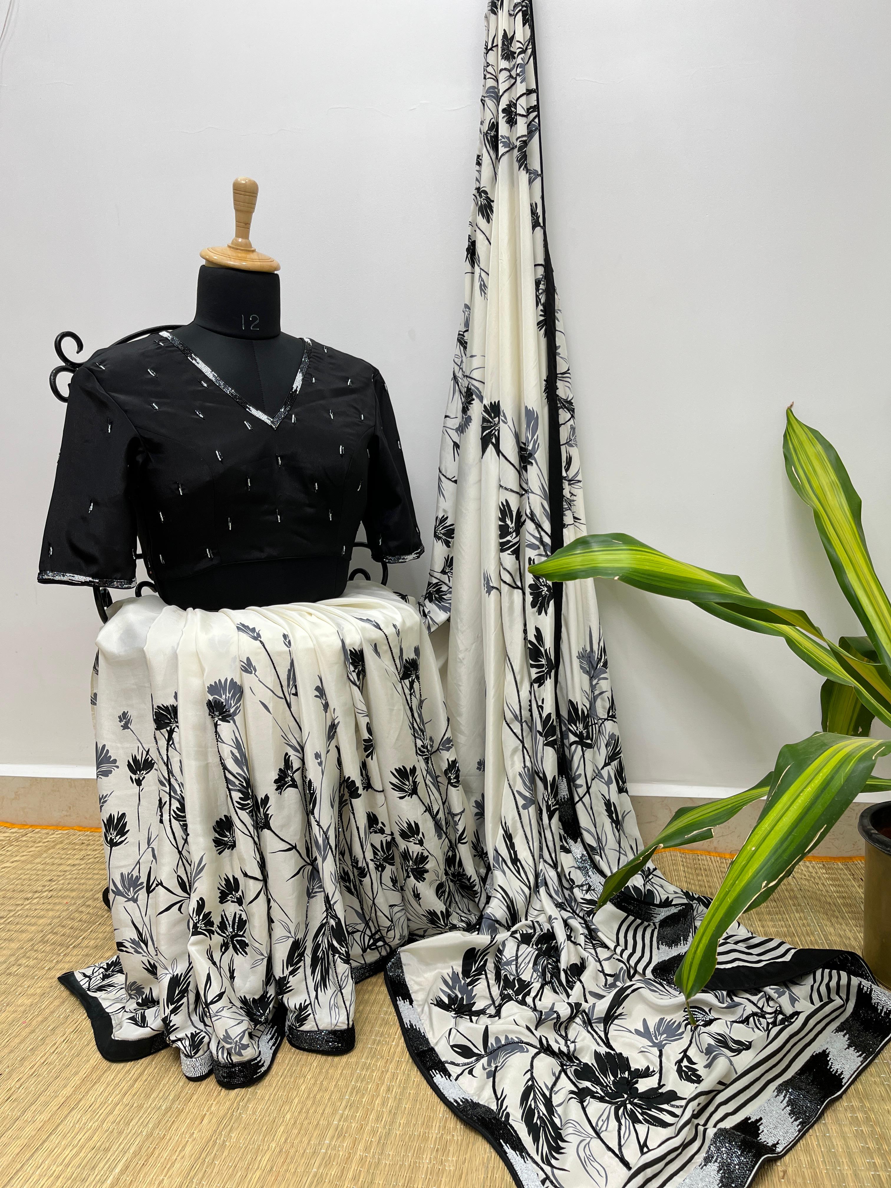 Black and White Pure Crepe saree with Blouse