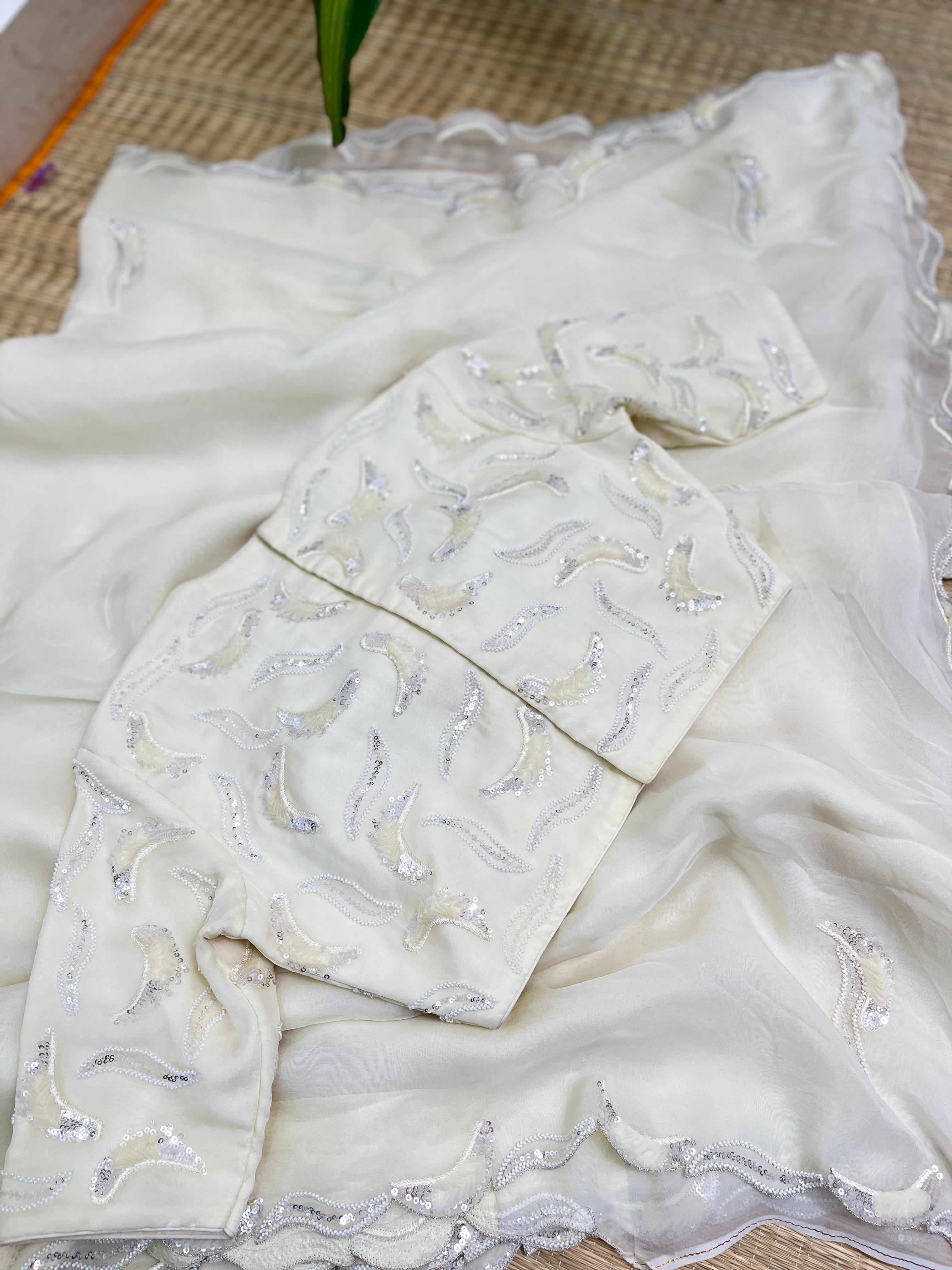 Offwhite Pure Falling Organza saree with Blouse