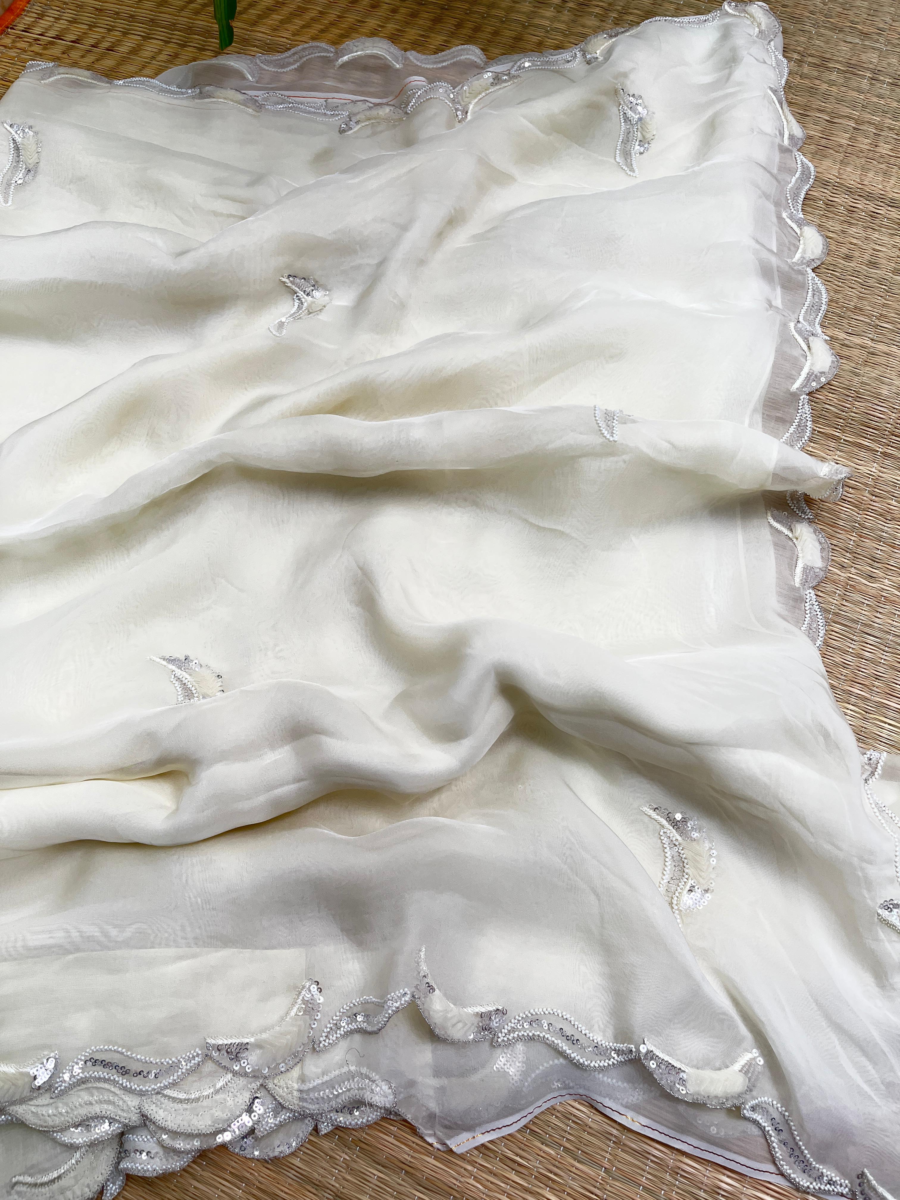 Offwhite Pure Falling Organza saree with Blouse