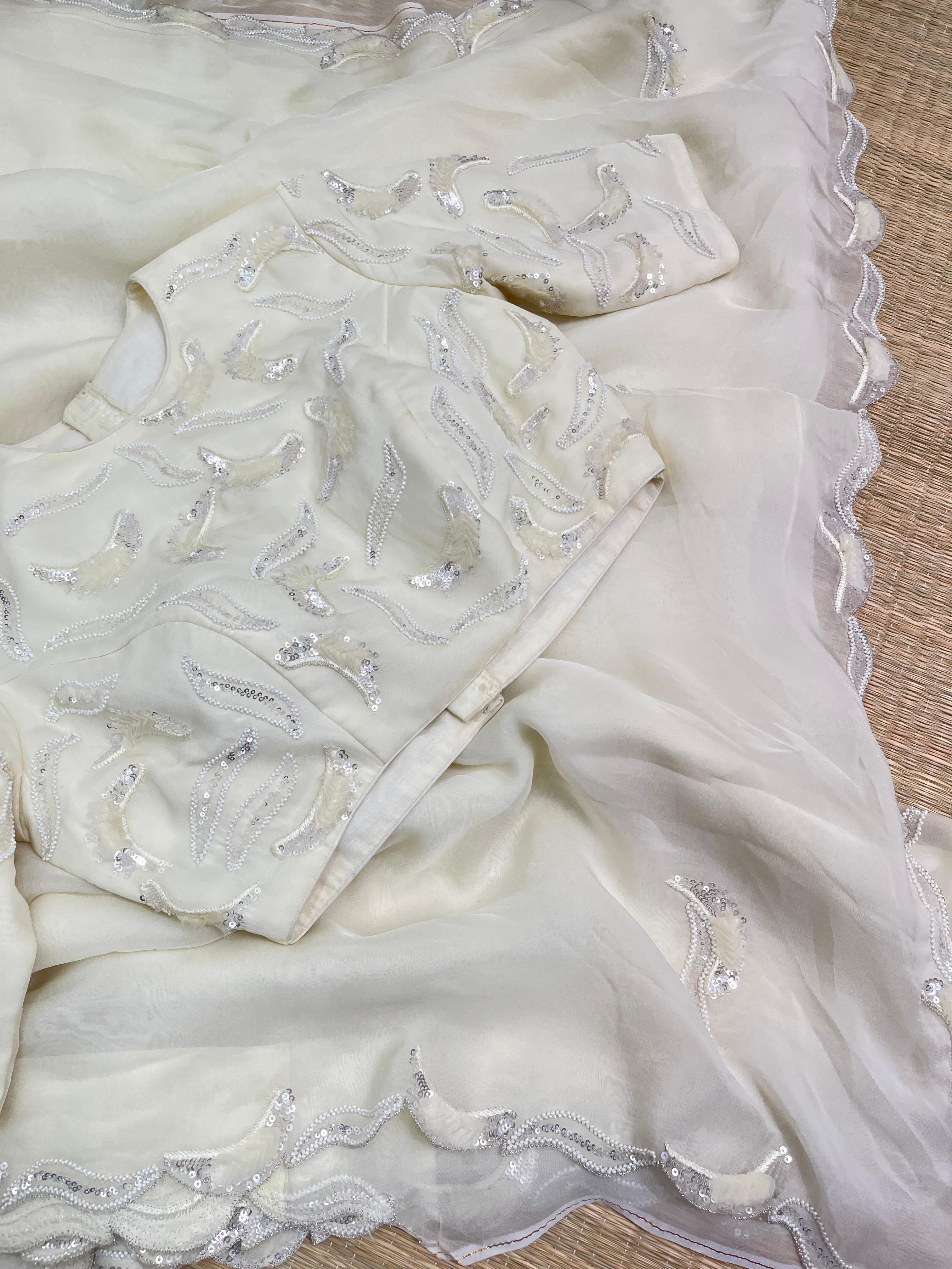 Offwhite Pure Falling Organza saree with Blouse