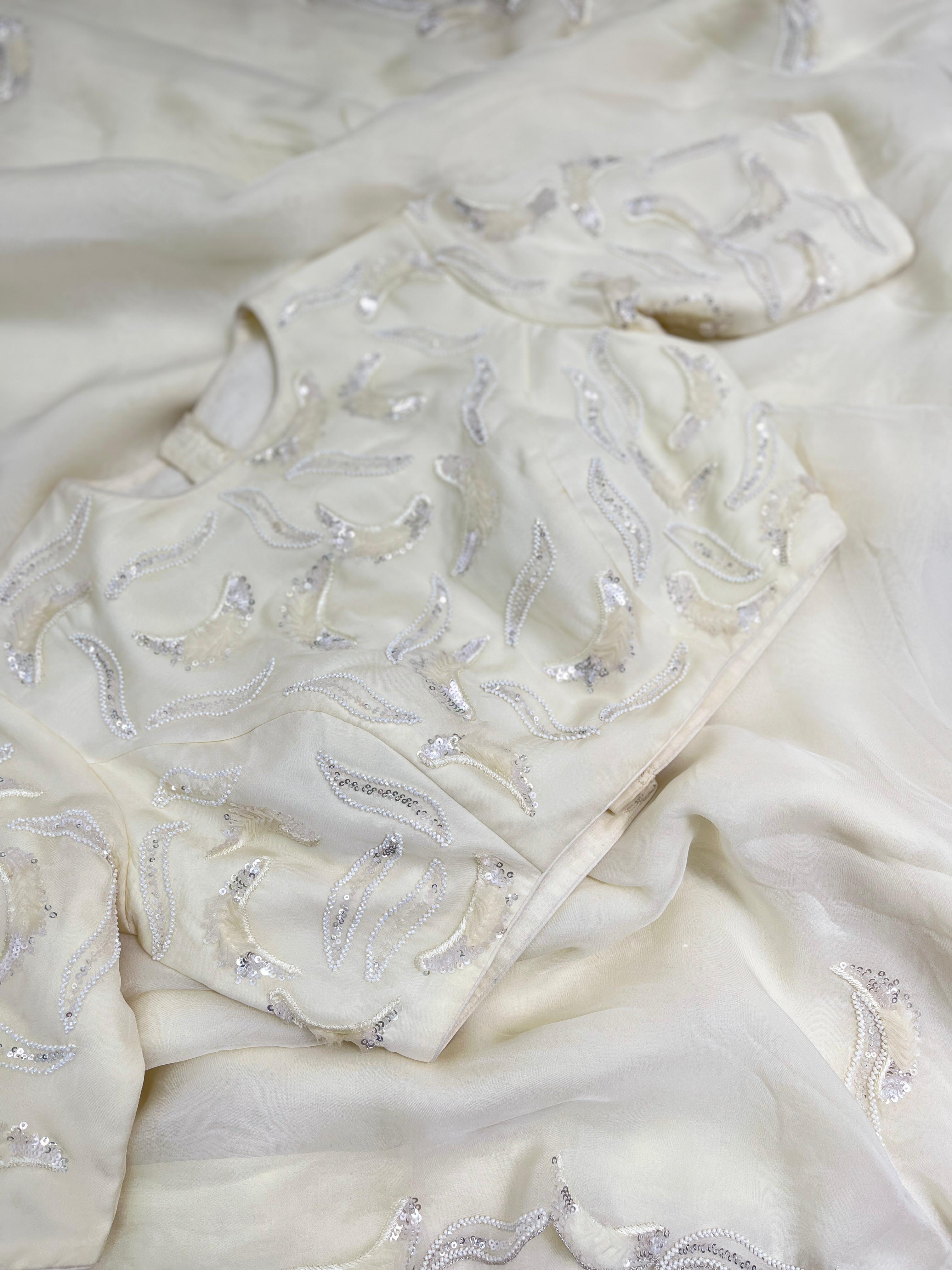 Offwhite Pure Falling Organza saree with Blouse