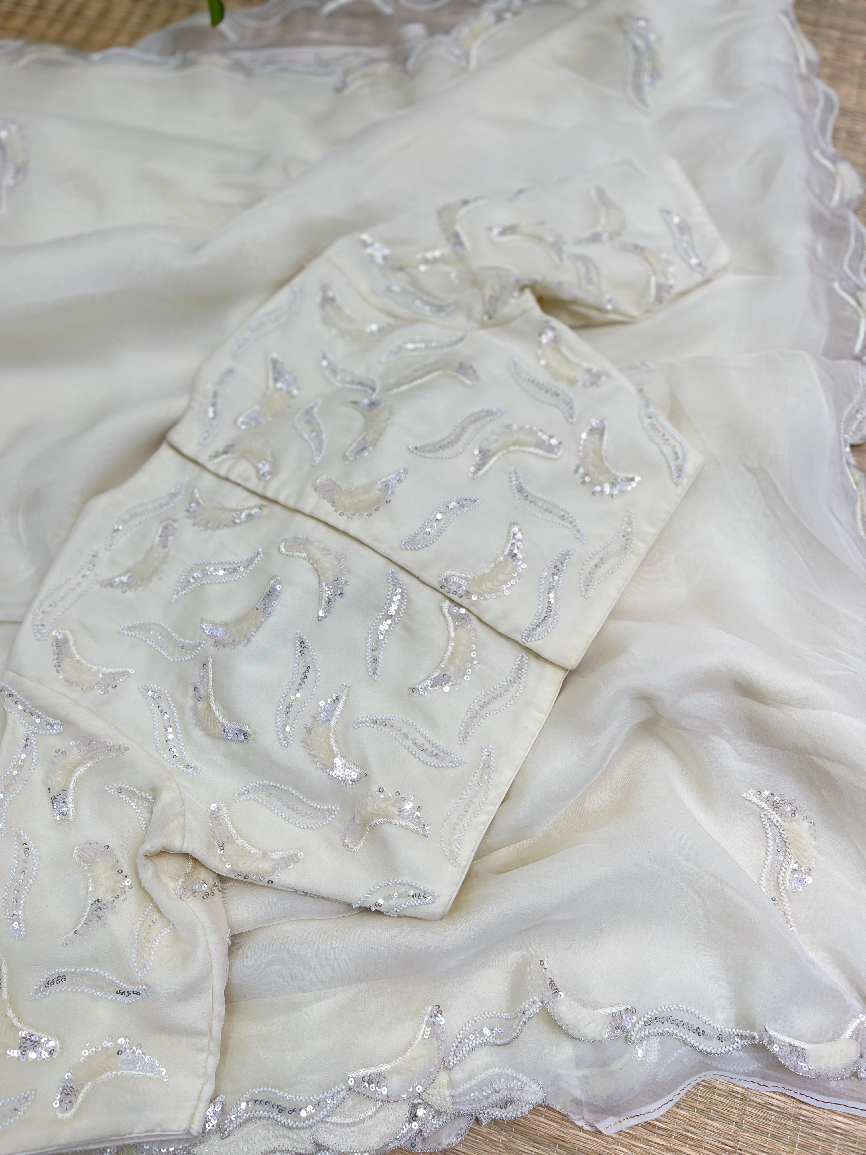 Offwhite Pure Falling Organza saree with Blouse